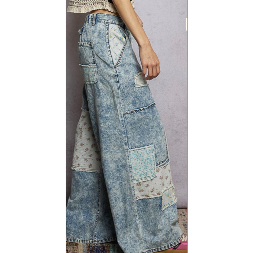 New POL Denim Patchwork Boho Chic Baggy Y2K Free People Vibe Pants Sizes S, M, L - Picture 3 of 9